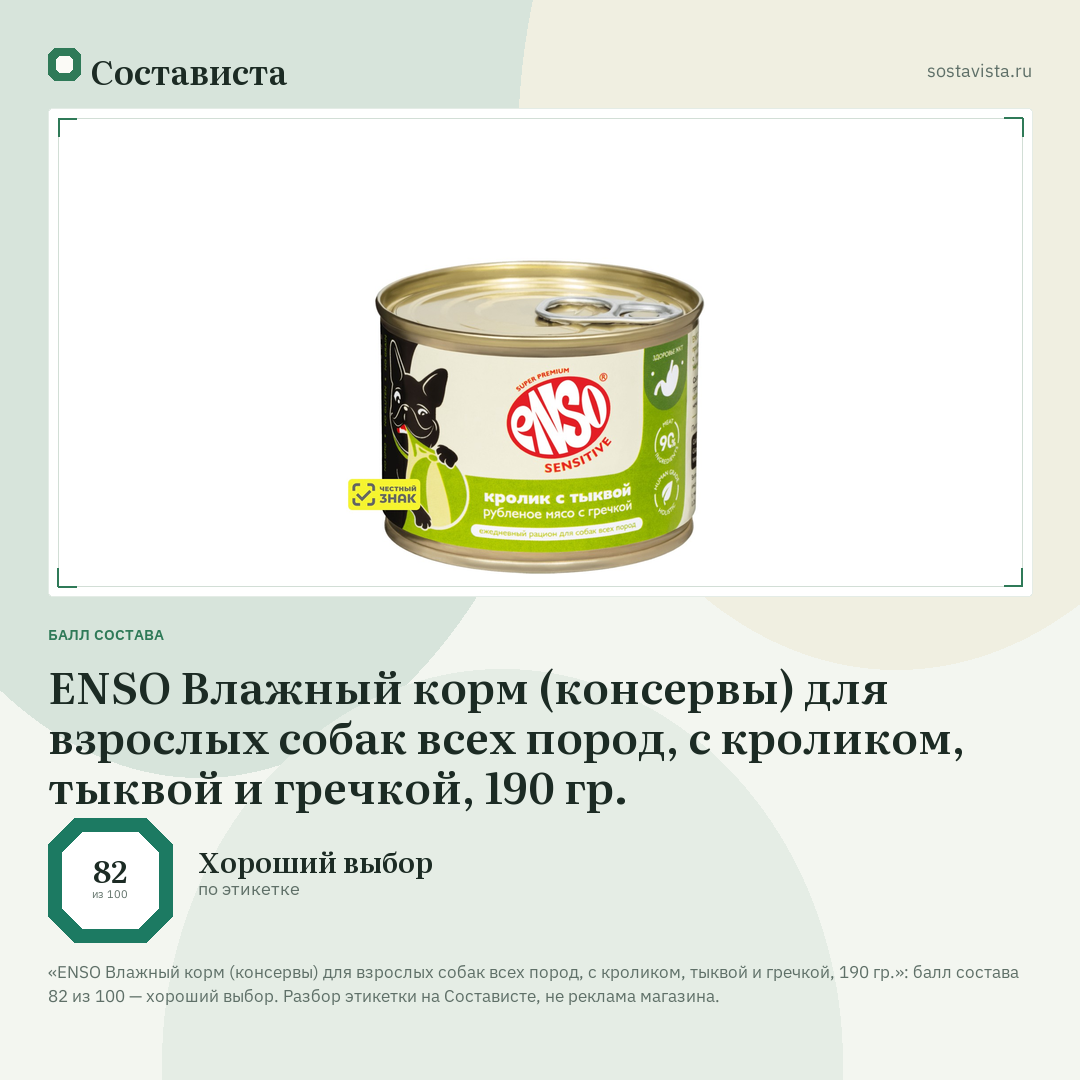 ENSO Влажный корм (консервы) для взрослых собак всех пород, с кроликом, тыквой и гречкой, 190 гр.: балл состава 82 из 100 — Состависта