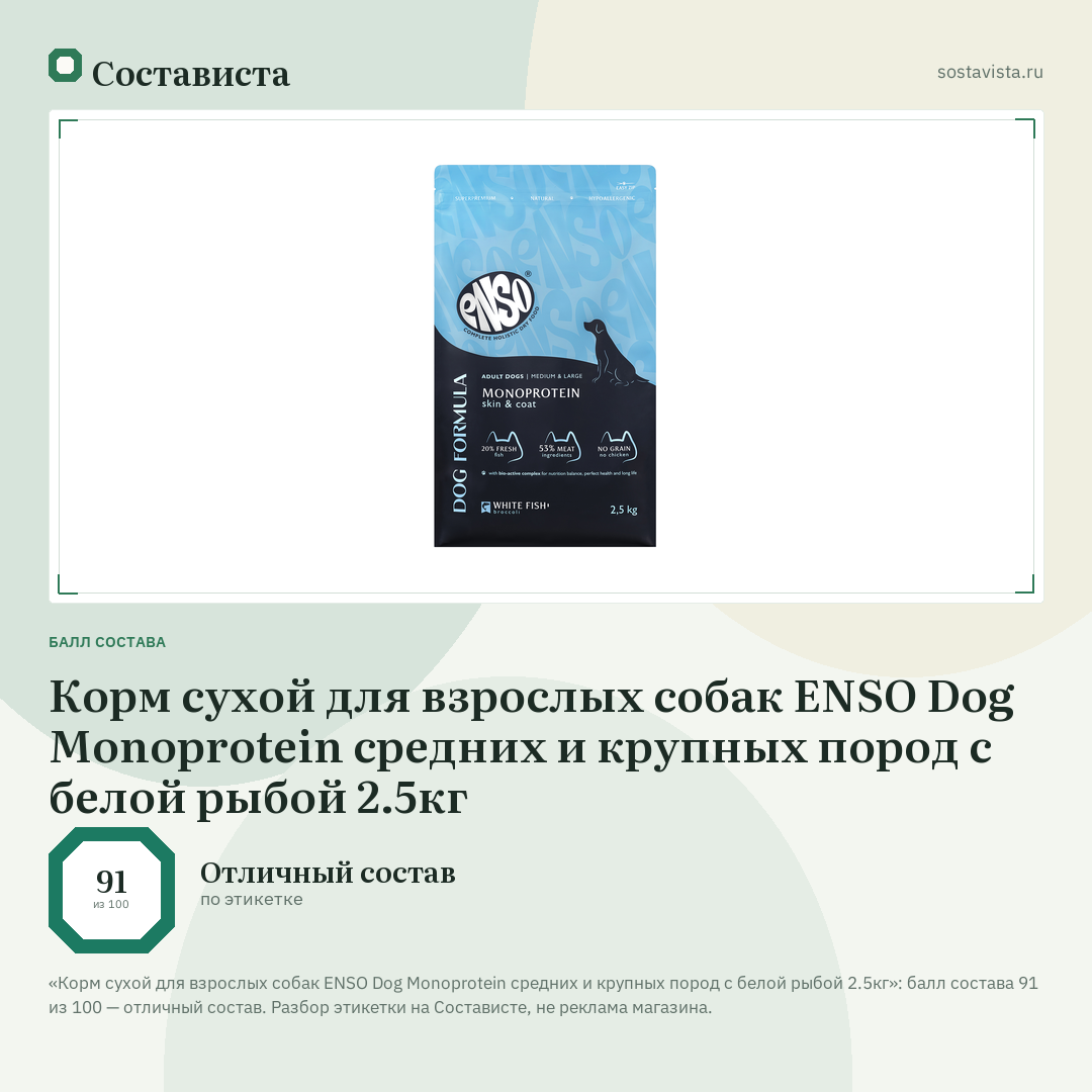 Корм сухой для взрослых собак ENSO Dog Monoprotein средних и крупных пород с белой рыбой 2.5кг: балл состава 91 из 100 — Состависта