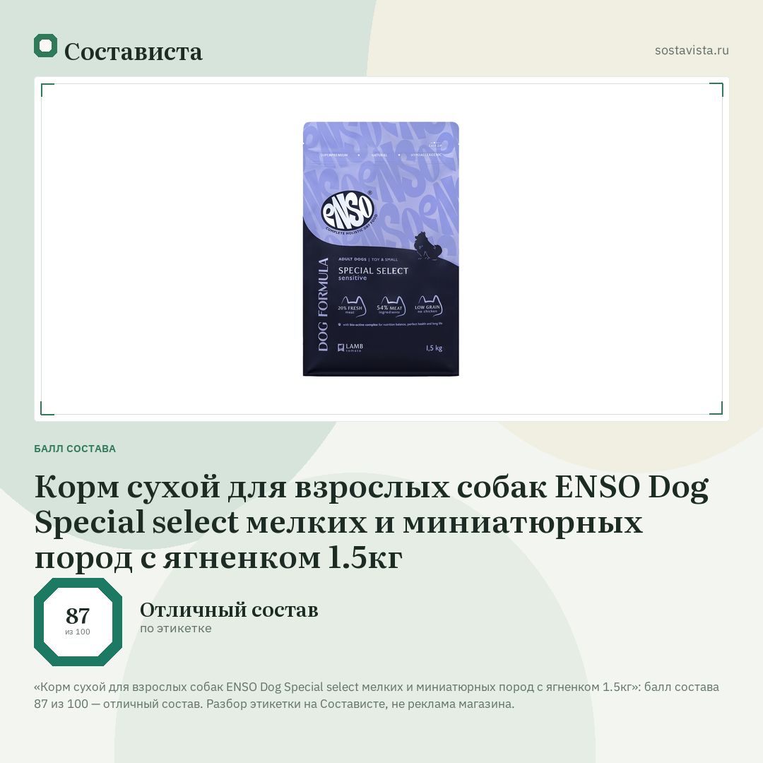 Корм сухой для взрослых собак ENSO Dog Special select мелких и миниатюрных пород с ягненком 1.5кг: балл состава 87 из 100 — Состависта