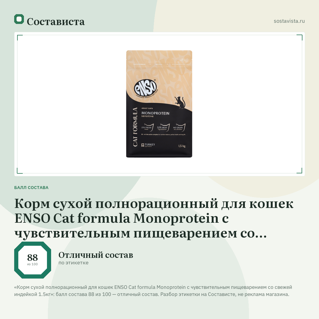 Корм сухой полнорационный для кошек ENSO Cat formula Monoprotein с чувствительным пищеварением со свежей индейкой 1.5кг: балл состава 88 из 100 — Состависта