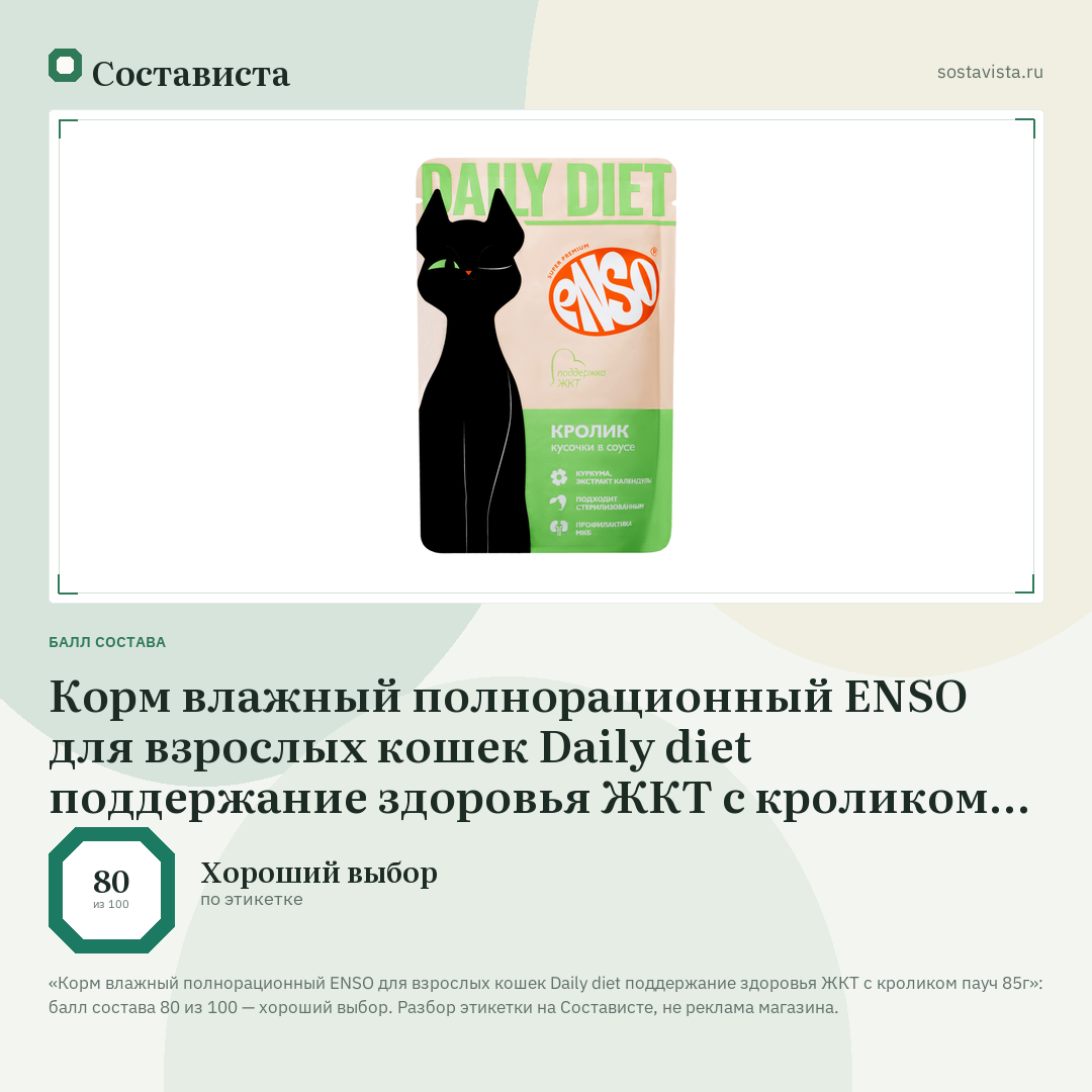 Корм влажный полнорационный ENSO для взрослых кошек Daily diet поддержание здоровья ЖКТ с кроликом пауч 85г: балл состава 80 из 100 — Состависта