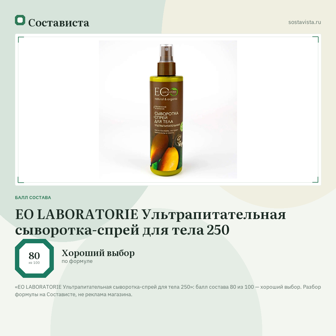 EO LABORATORIE Ультрапитательная сыворотка-спрей для тела 250: балл состава 80 из 100 — Состависта