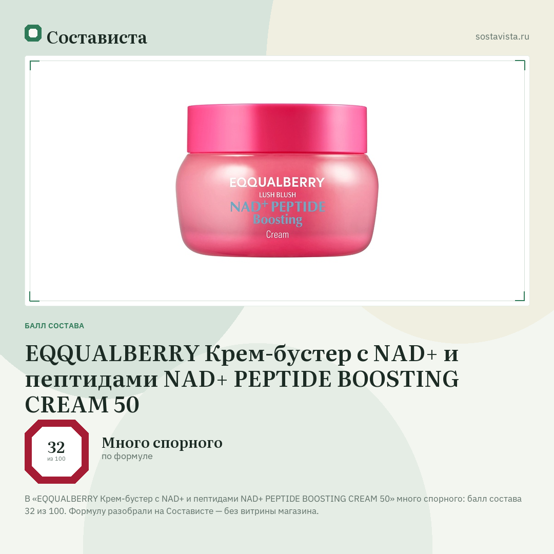 EQQUALBERRY Крем-бустер с NAD+ и пептидами NAD+ PEPTIDE BOOSTING CREAM 50: балл состава 32 из 100 — Состависта
