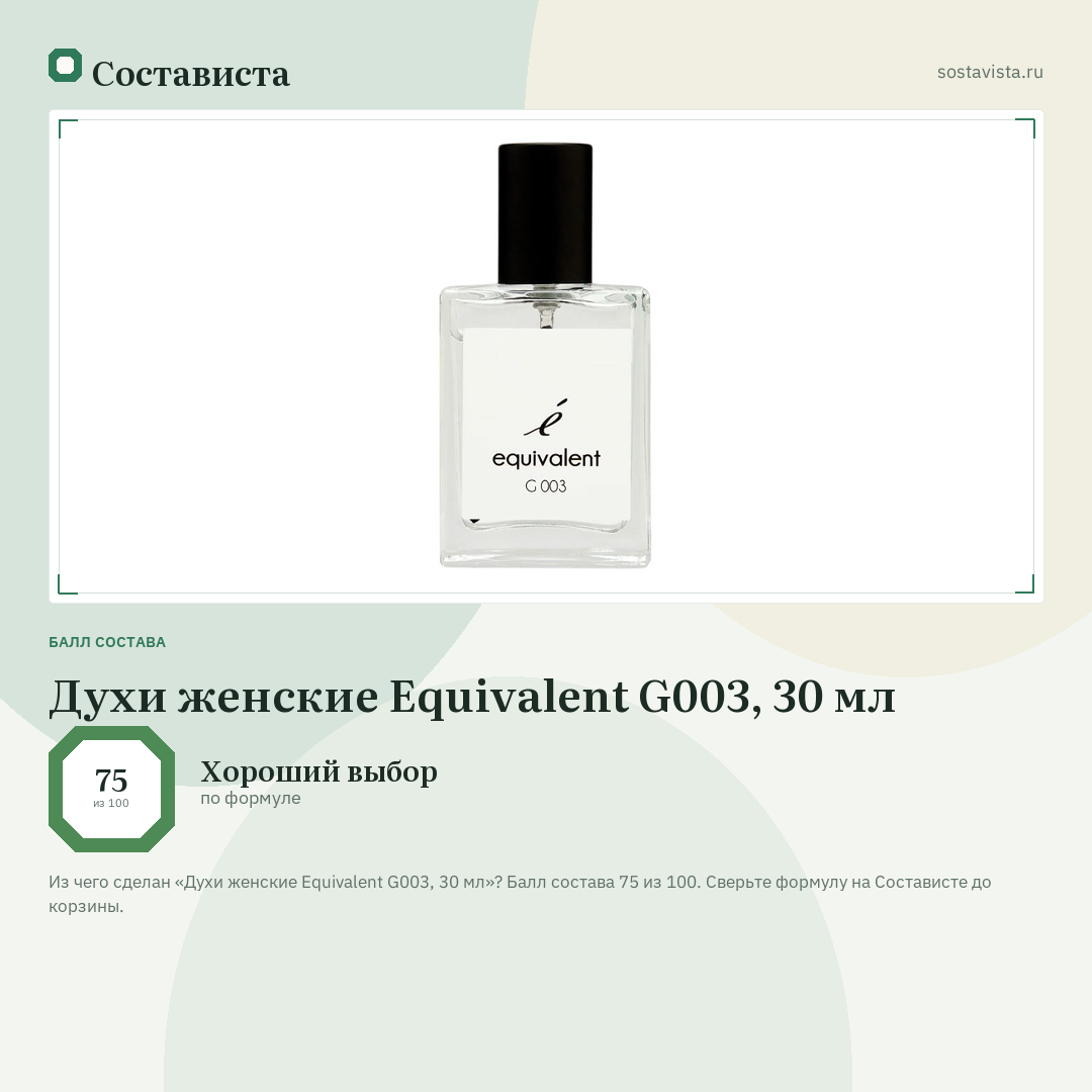 Духи женские Equivalent G003, 30 мл: балл состава 75 из 100 — Состависта