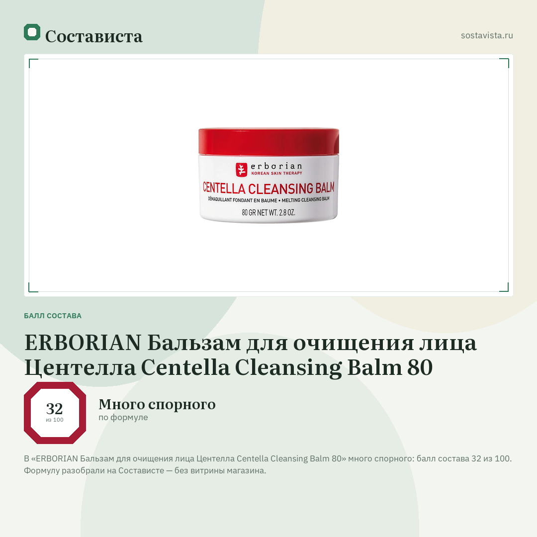 ERBORIAN Бальзам для очищения лица Центелла Centella Cleansing Balm 80: балл состава 32 из 100 — Состависта
