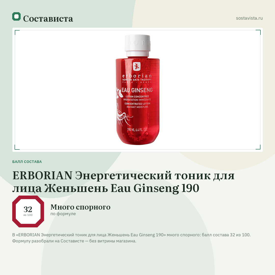 ERBORIAN Энергетический тоник для лица Женьшень Eau Ginseng 190: балл состава 32 из 100 — Состависта