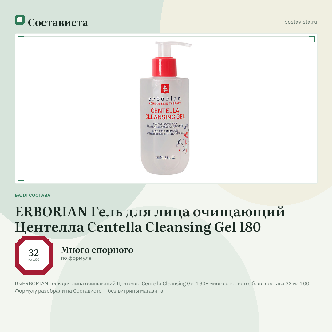 ERBORIAN Гель для лица очищающий Центелла Centella Cleansing Gel 180: балл состава 32 из 100 — Состависта