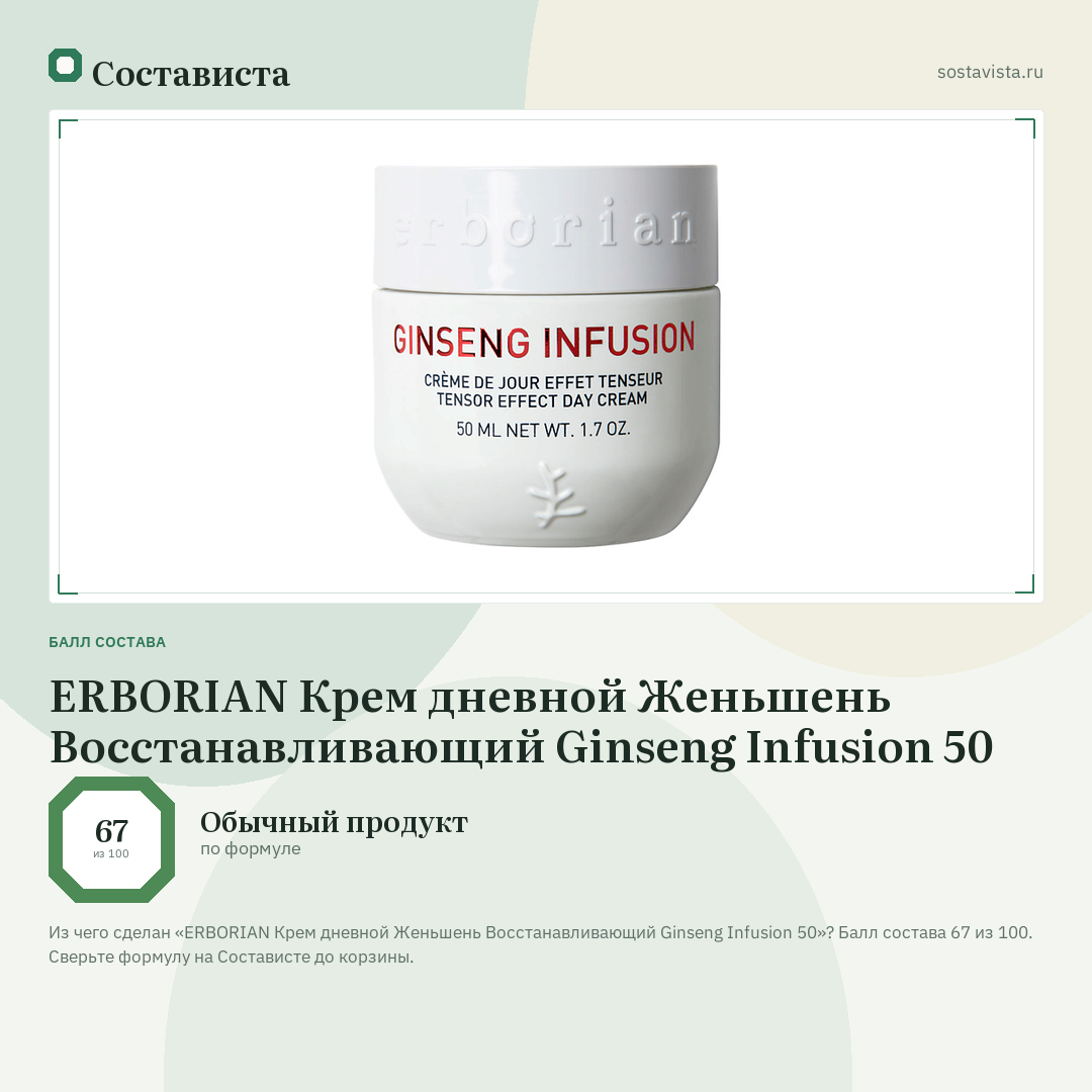 ERBORIAN Крем дневной Женьшень Восстанавливающий Ginseng Infusion 50: балл состава 67 из 100 — Состависта