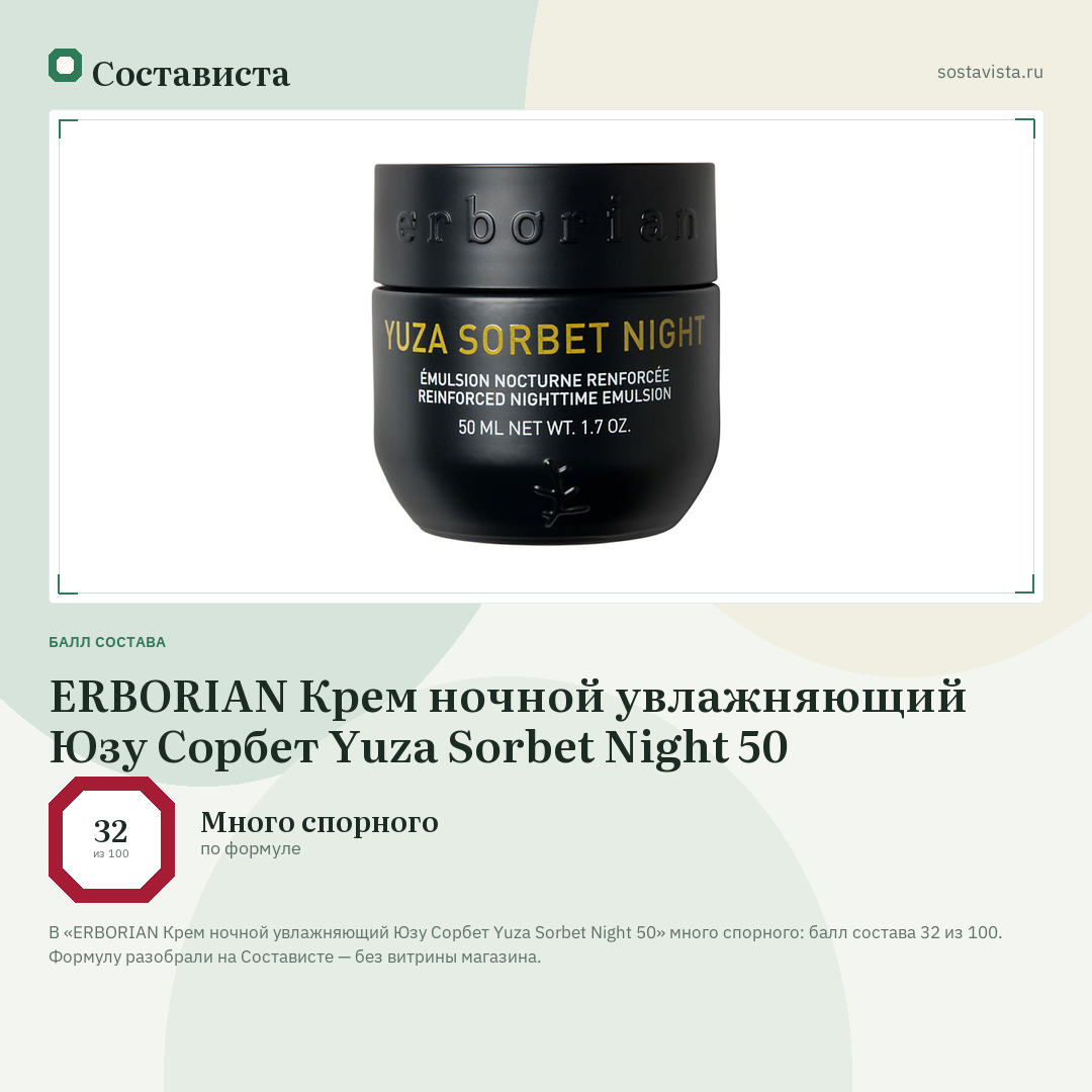 ERBORIAN Крем ночной увлажняющий Юзу Сорбет Yuza Sorbet Night 50: балл состава 32 из 100 — Состависта