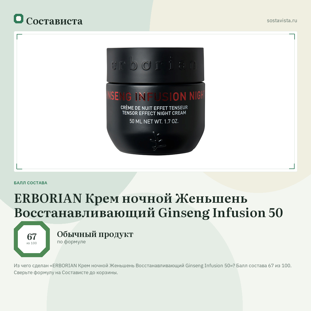 ERBORIAN Крем ночной Женьшень Восстанавливающий Ginseng Infusion 50: балл состава 67 из 100 — Состависта