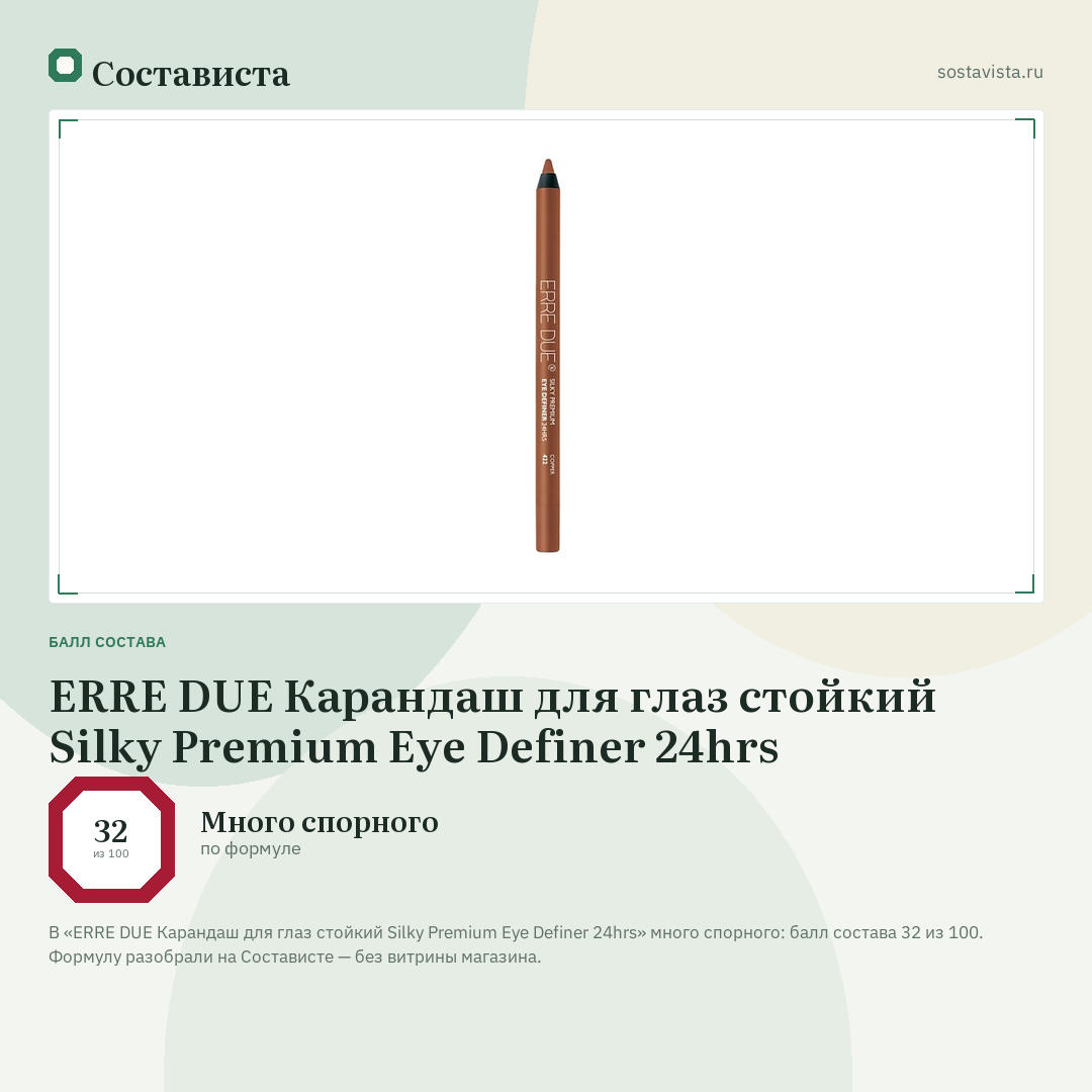 ERRE DUE Карандаш для глаз стойкий Silky Premium Eye Definer 24hrs: балл состава 32 из 100 — Состависта
