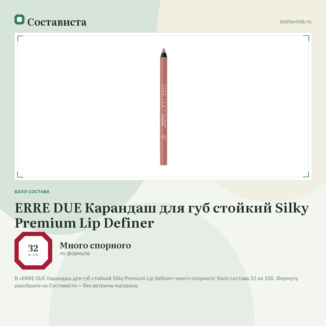 ERRE DUE Карандаш для губ стойкий Silky Premium Lip Definer: балл состава 32 из 100 — Состависта
