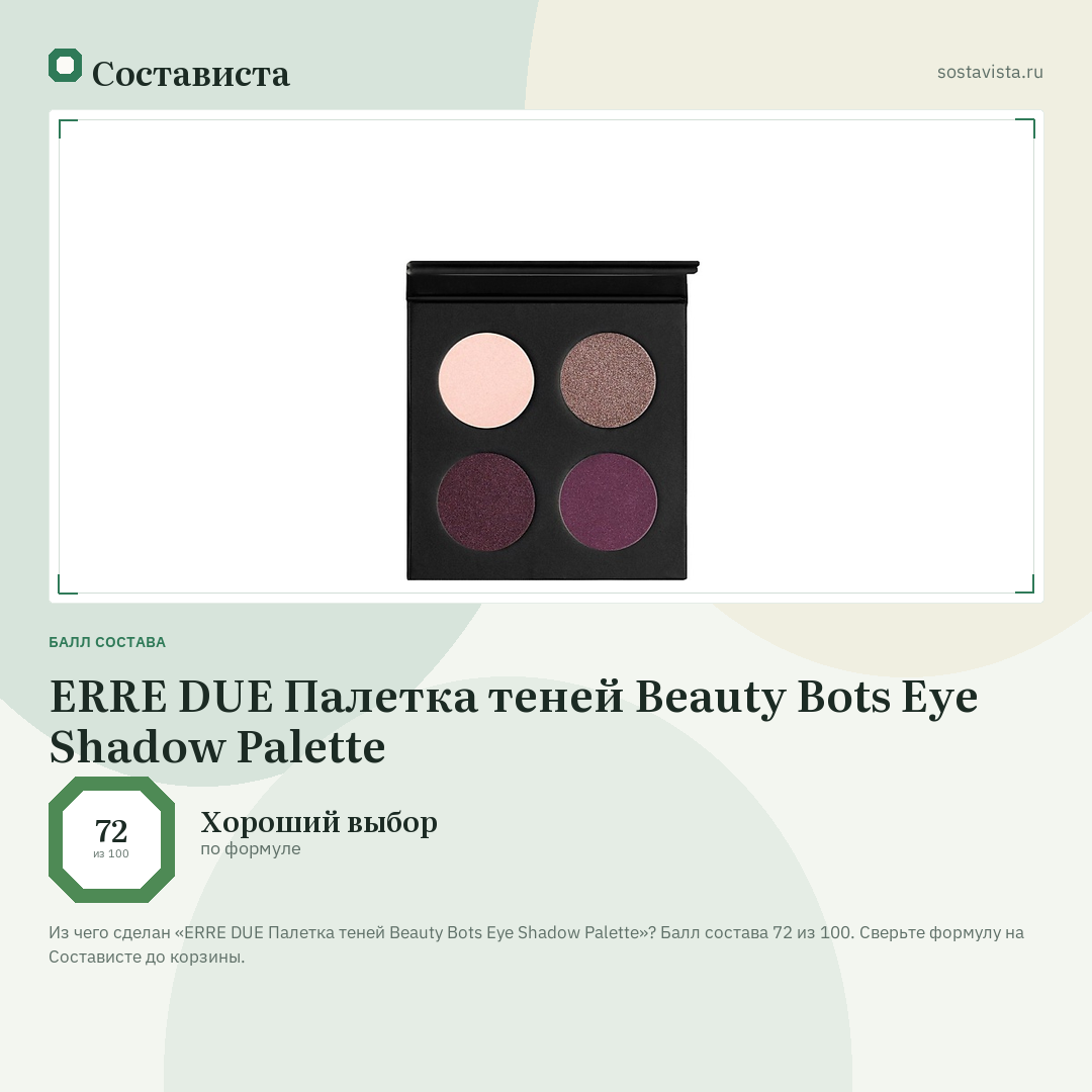 ERRE DUE Палетка теней Beauty Вots Eye Shadow Palette: балл состава 72 из 100 — Состависта