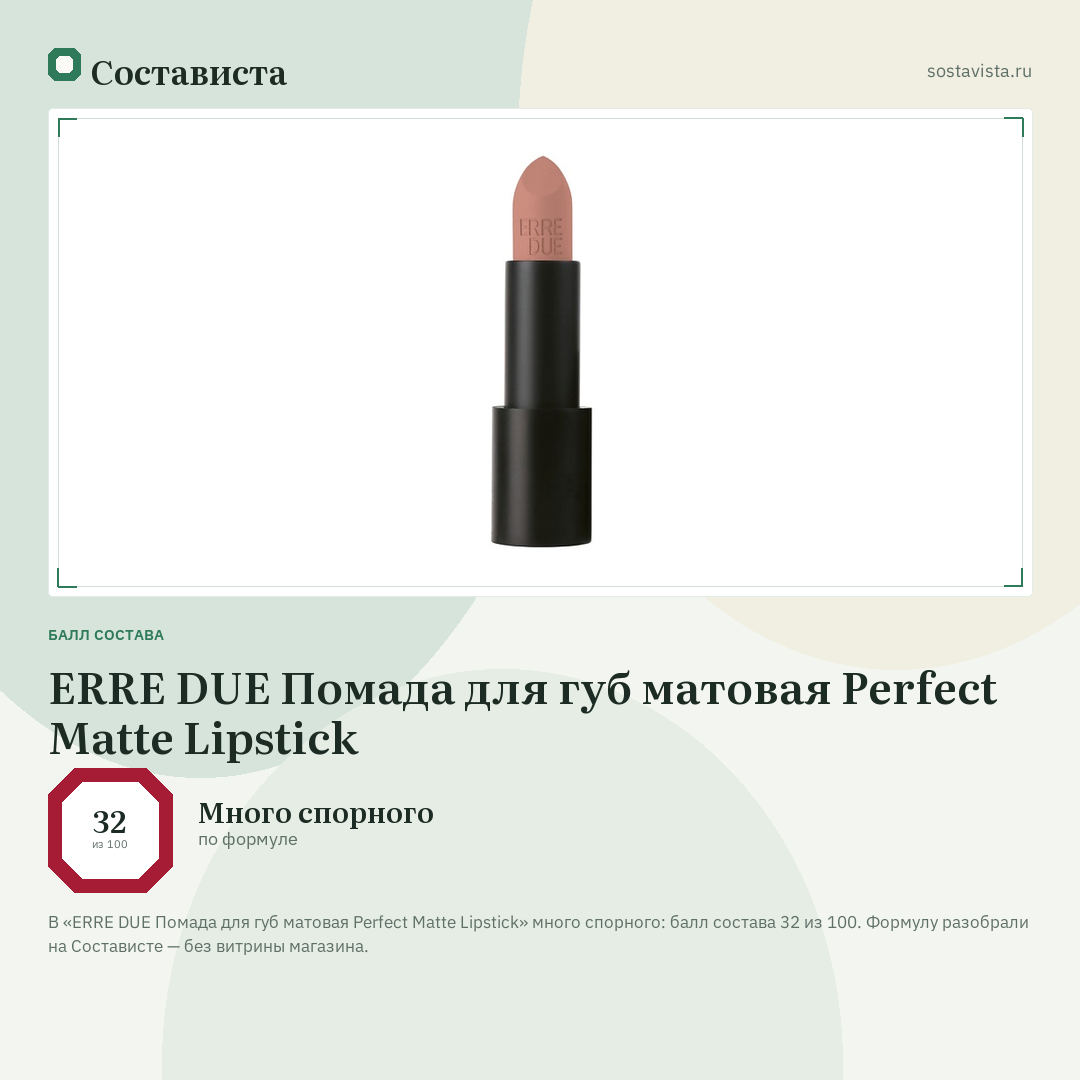 ERRE DUE Помада для губ матовая Perfect Matte Lipstick: балл состава 32 из 100 — Состависта