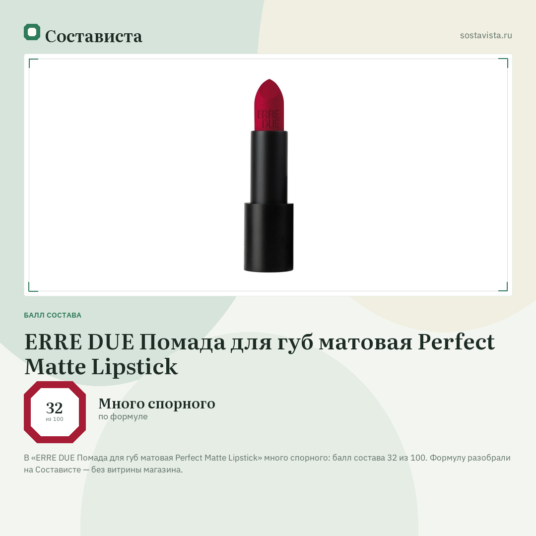 ERRE DUE Помада для губ матовая Perfect Matte Lipstick: балл состава 32 из 100 — Состависта