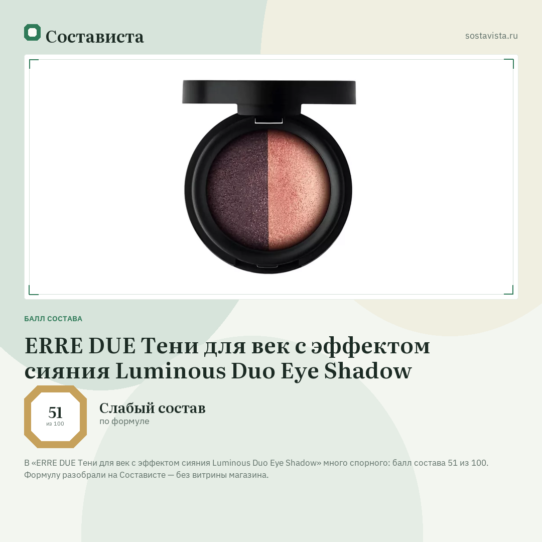 ERRE DUE Тени для век с эффектом сияния Luminous Duo Eye Shadow: балл состава 51 из 100 — Состависта