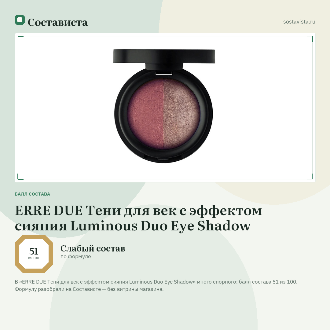 ERRE DUE Тени для век с эффектом сияния Luminous Duo Eye Shadow: балл состава 51 из 100 — Состависта