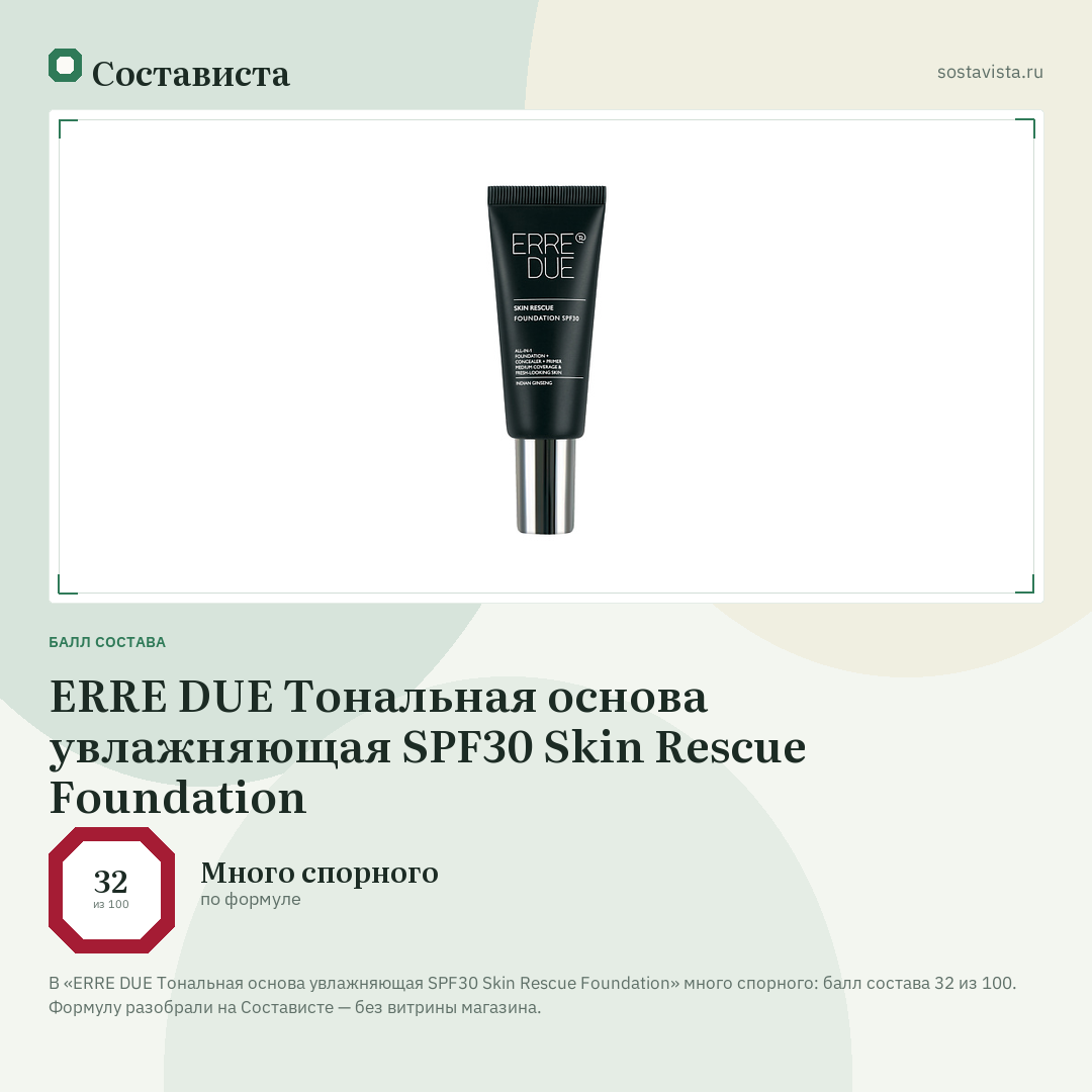 ERRE DUE Тональная основа увлажняющая SPF30 Skin Rescue Foundation: балл состава 32 из 100 — Состависта