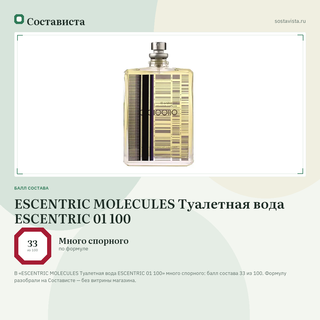 ESCENTRIC MOLECULES Туалетная вода ESCENTRIC 01 100: балл состава 33 из 100 — Состависта