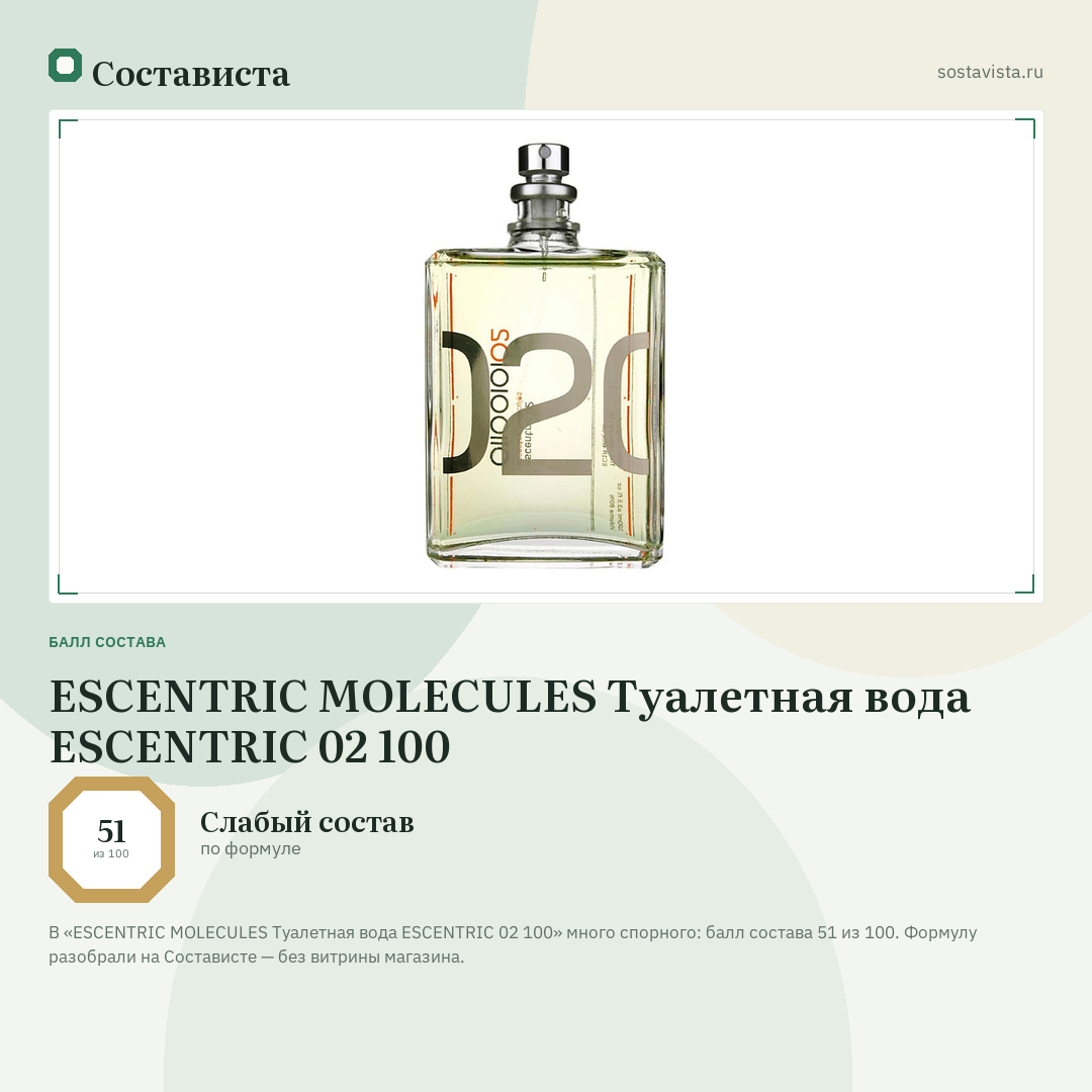 ESCENTRIC MOLECULES Туалетная вода ESCENTRIC 02 100: балл состава 51 из 100 — Состависта