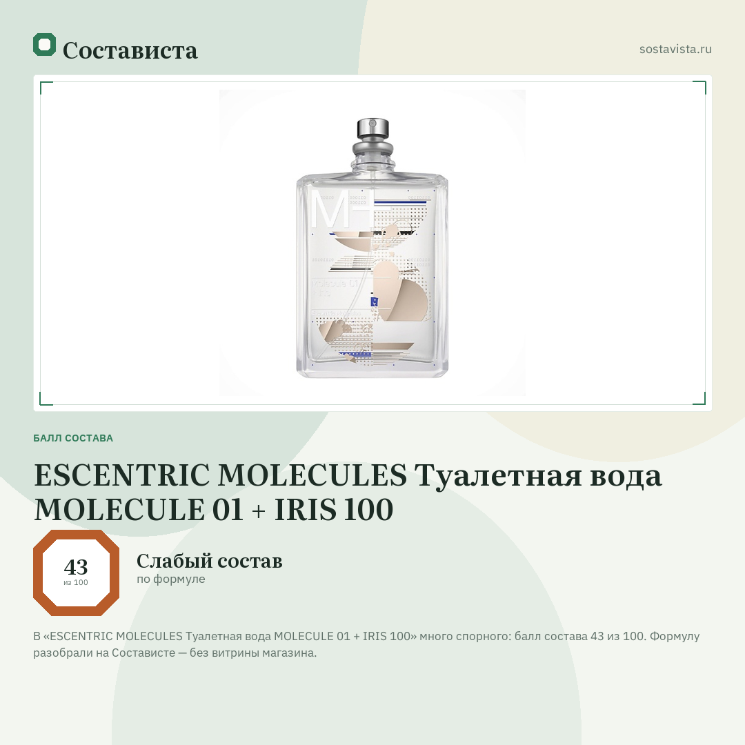 ESCENTRIC MOLECULES Туалетная вода MOLECULE 01 + IRIS 100: балл состава 43 из 100 — Состависта