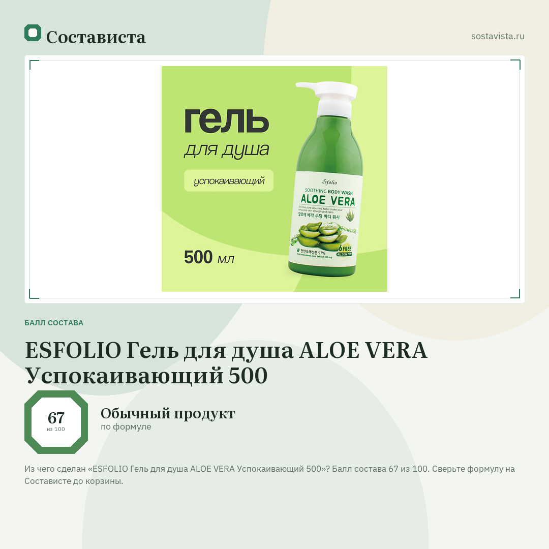 ESFOLIO Гель для душа ALOE VERA Успокаивающий 500: балл состава 67 из 100 — Состависта
