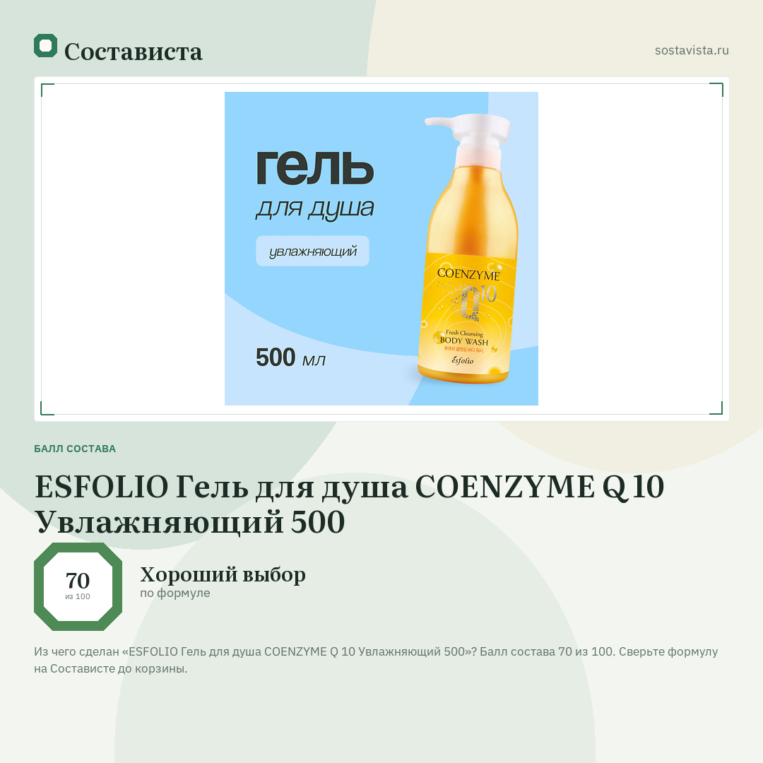 ESFOLIO Гель для душа COENZYME Q 10 Увлажняющий 500: балл состава 70 из 100 — Состависта