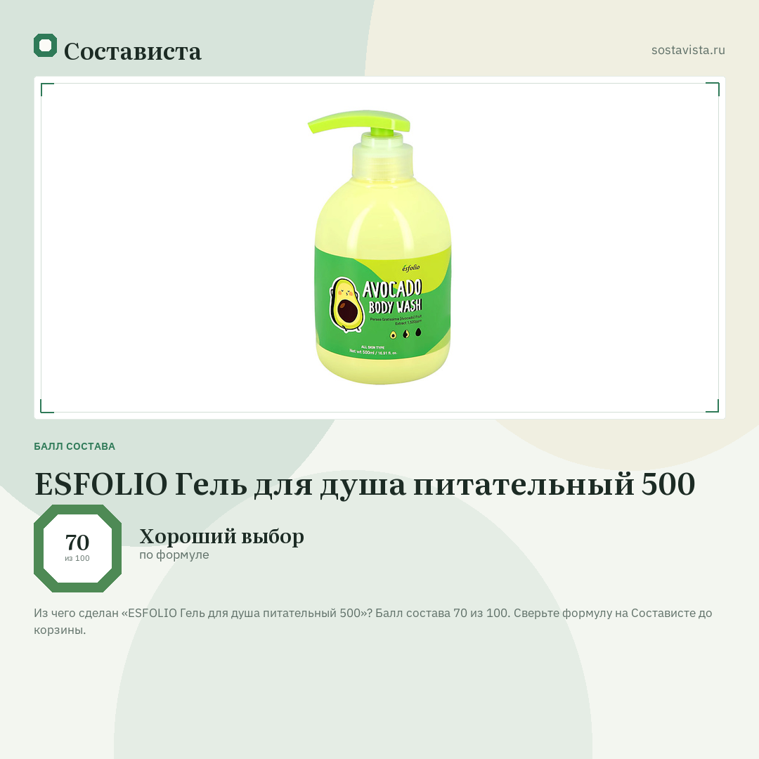 ESFOLIO Гель для душа питательный 500: балл состава 70 из 100 — Состависта