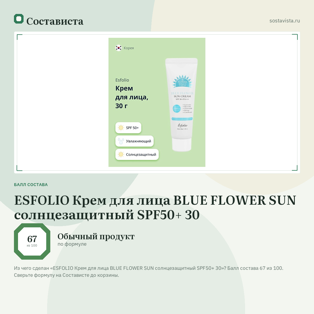 ESFOLIO Крем для лица BLUE FLOWER SUN солнцезащитный SPF50+ 30: балл состава 67 из 100 — Состависта