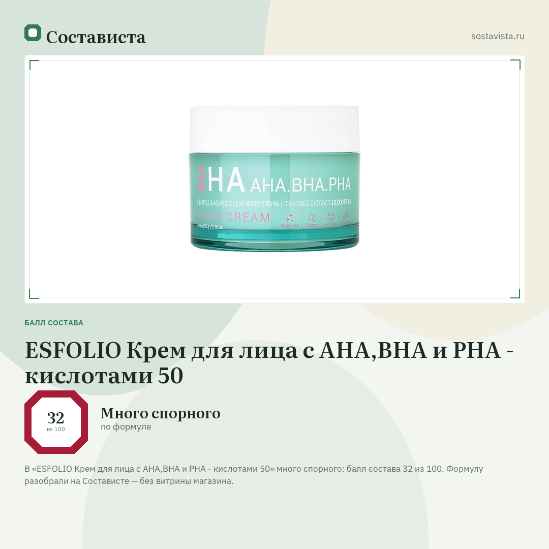 ESFOLIO Крем для лица c AHA,BHA и PHA - кислотами 50: балл состава 32 из 100 — Состависта