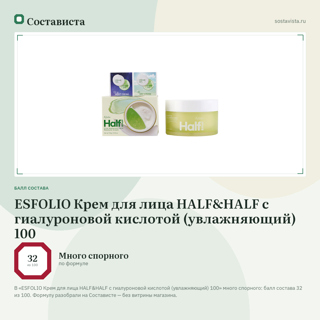 ESFOLIO Крем для лица HALF&HALF с гиалуроновой кислотой (увлажняющий) 100: балл состава 32 из 100 — Состависта
