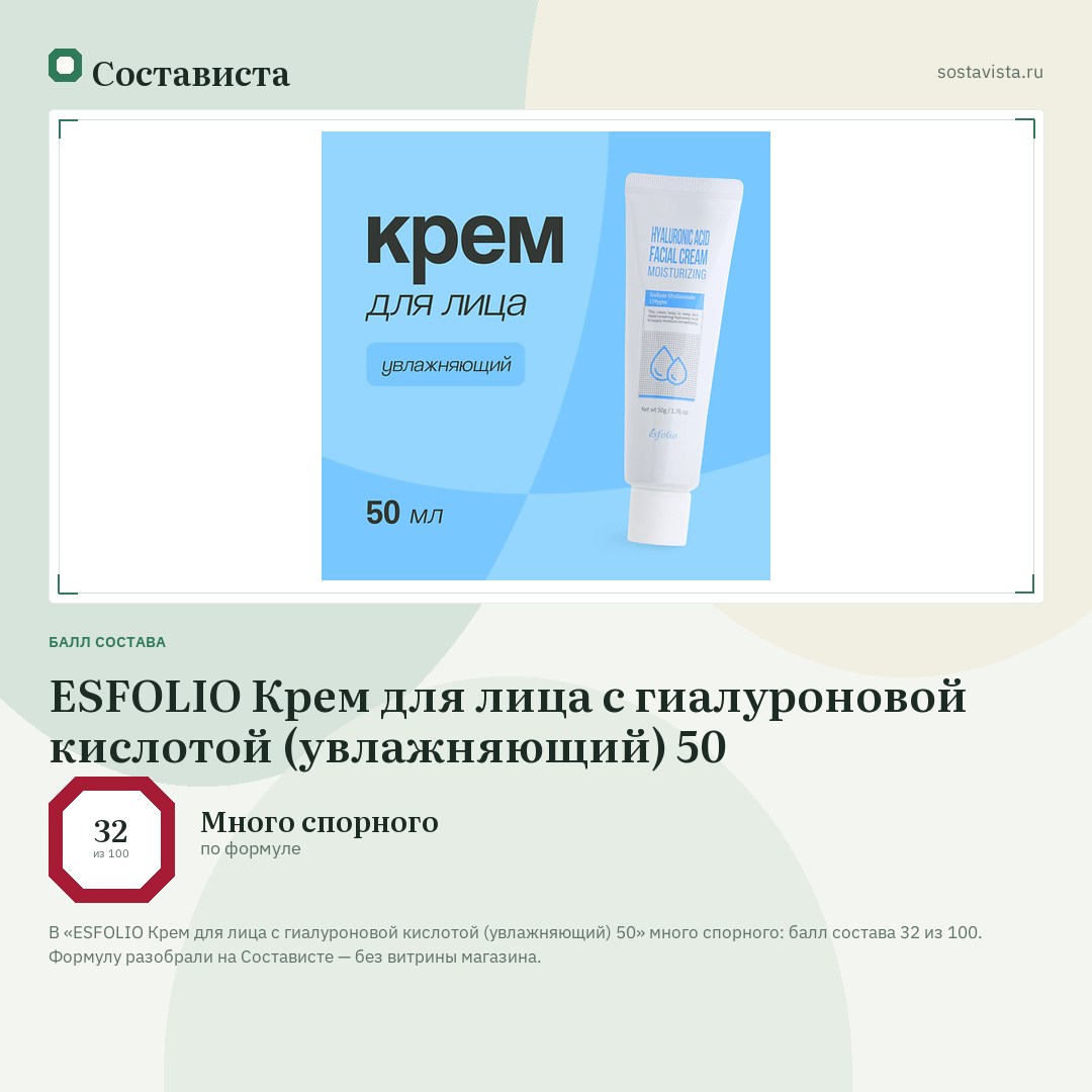 ESFOLIO Крем для лица с гиалуроновой кислотой (увлажняющий) 50: балл состава 32 из 100 — Состависта