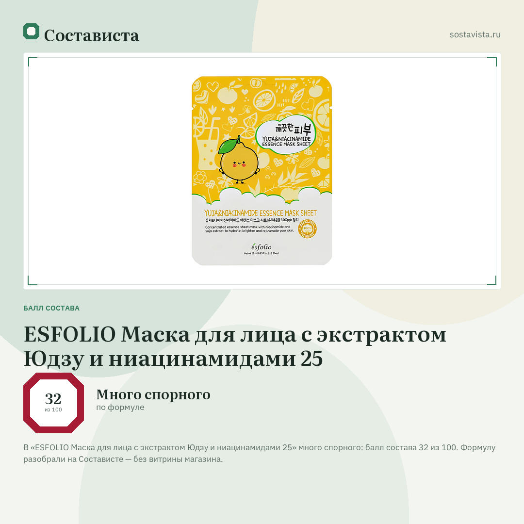 ESFOLIO Маска для лица с экстрактом Юдзу и ниацинамидами 25: балл состава 32 из 100 — Состависта