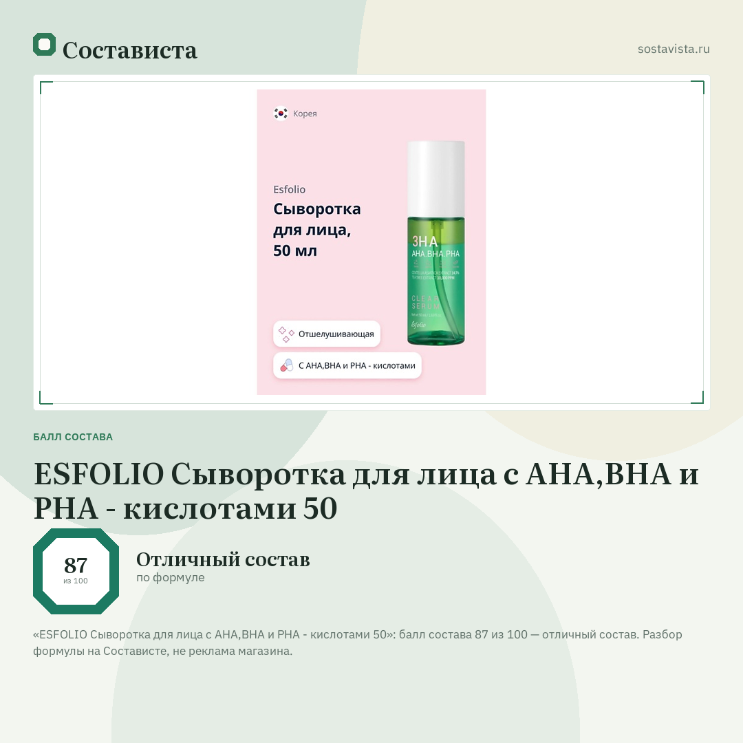 ESFOLIO Сыворотка для лица c AHA,BHA и PHA - кислотами 50: балл состава 87 из 100 — Состависта