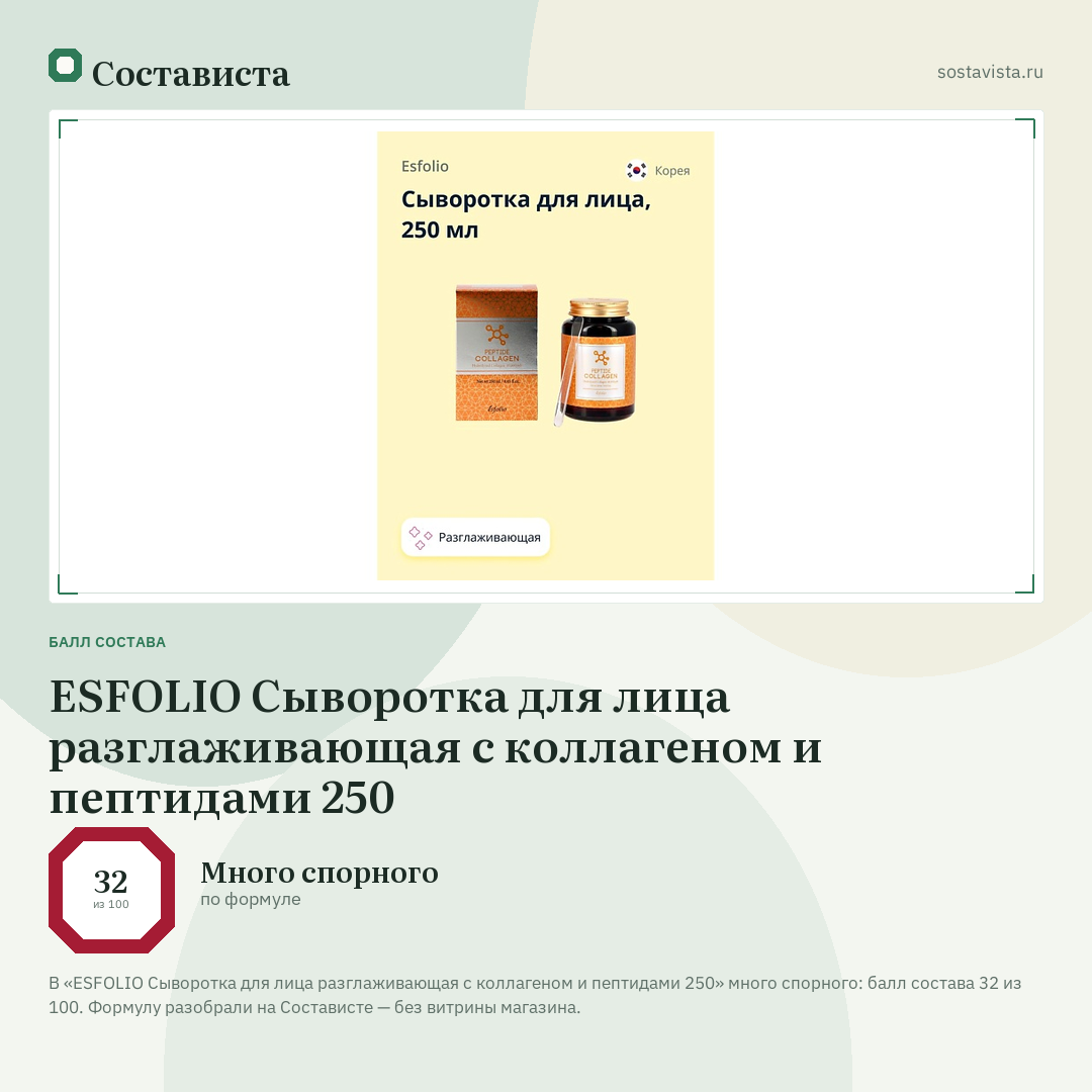 ESFOLIO Сыворотка для лица разглаживающая с коллагеном и пептидами 250: балл состава 32 из 100 — Состависта