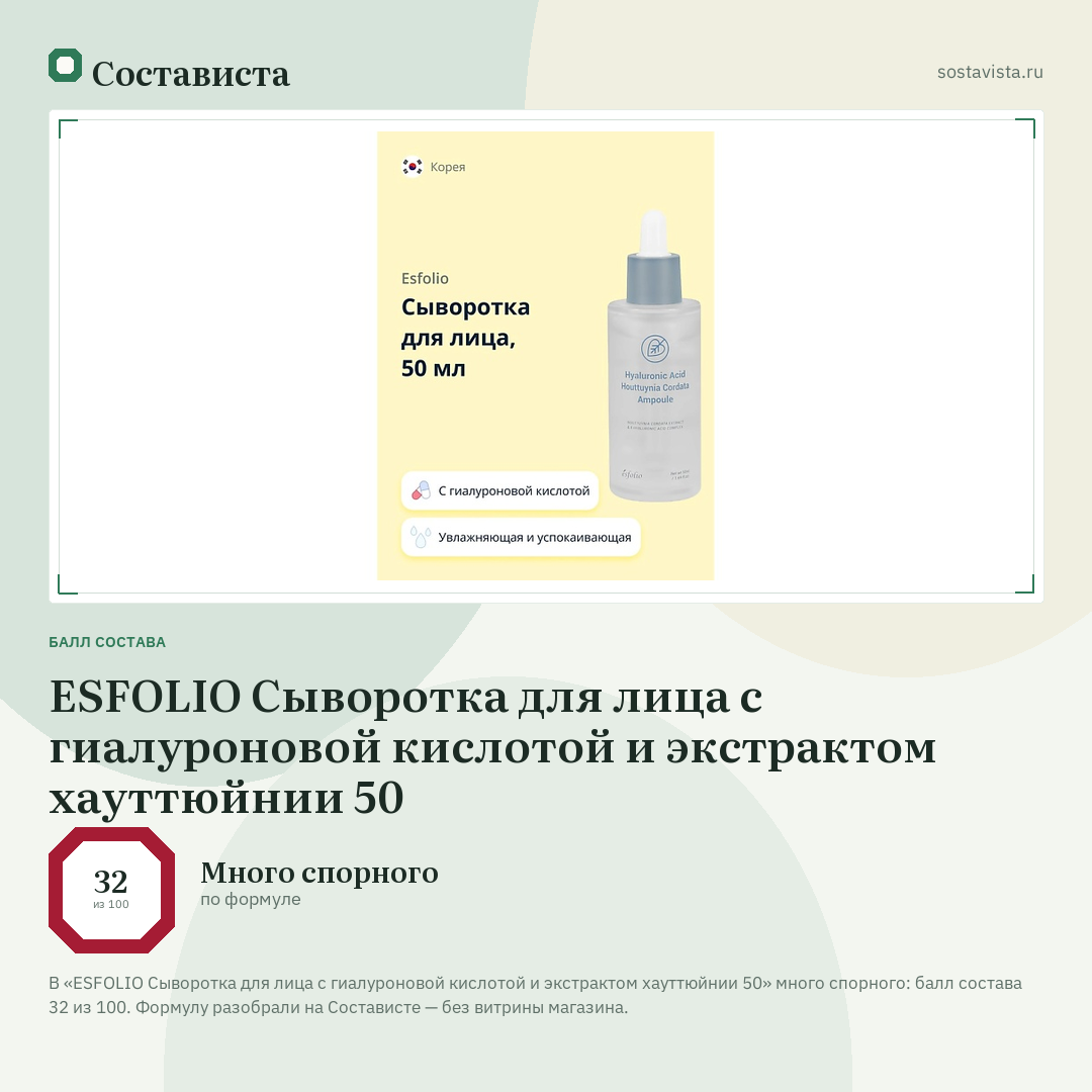 ESFOLIO Сыворотка для лица с гиалуроновой кислотой и экстрактом хауттюйнии 50: балл состава 32 из 100 — Состависта