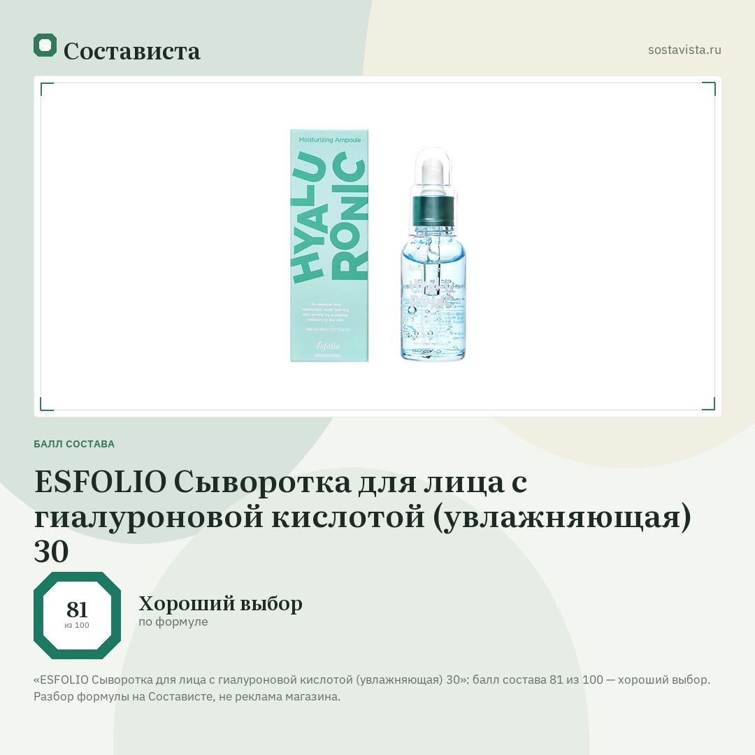 ESFOLIO Сыворотка для лица с гиалуроновой кислотой (увлажняющая) 30: балл состава 81 из 100 — Состависта