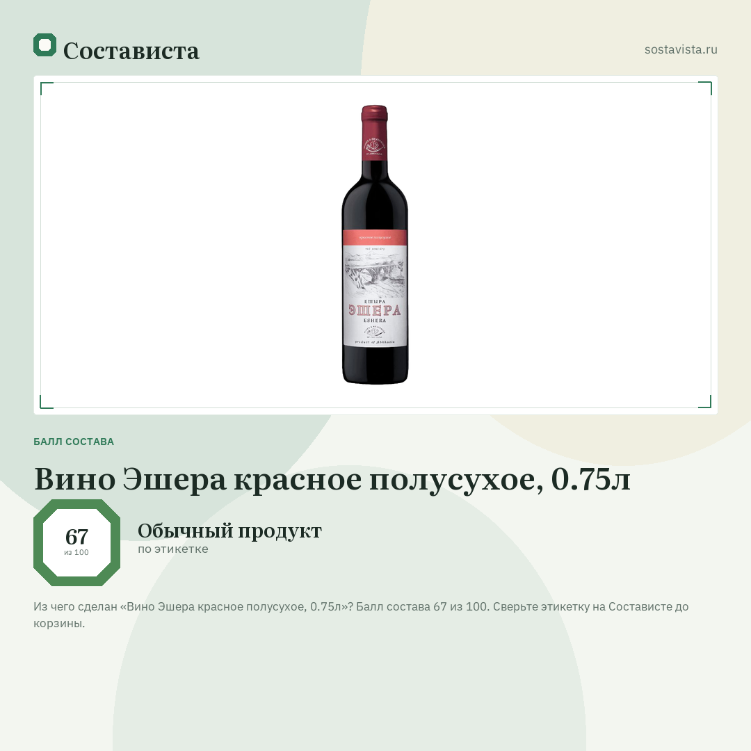 Вино Эшера красное полусухое, 0.75л: балл состава 67 из 100 — Состависта