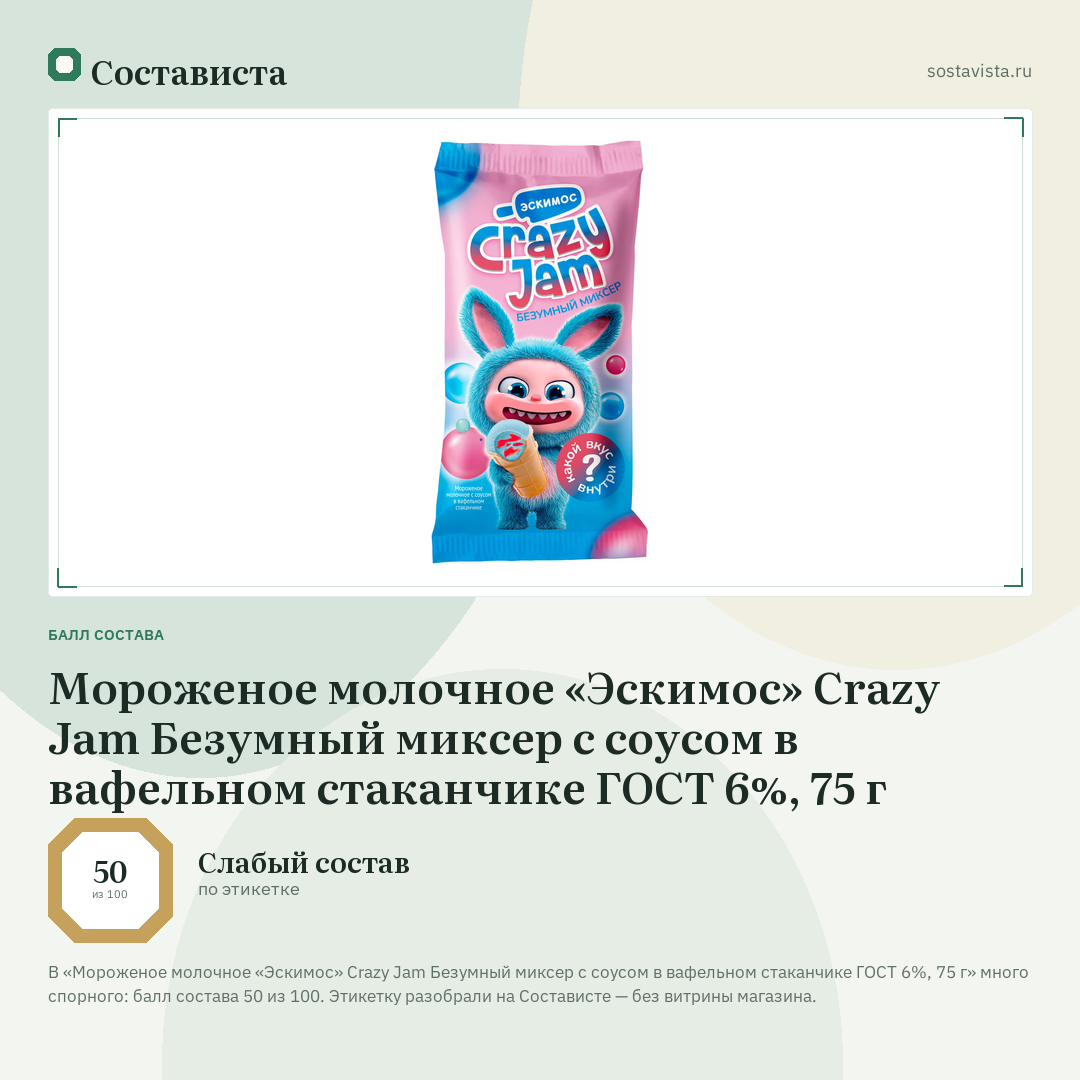 Мороженое молочное «Эскимос» Crazy Jam Безумный миксер с соусом в вафельном стаканчике ГОСТ 6%, 75 г: балл состава 50 из 100 — Состависта