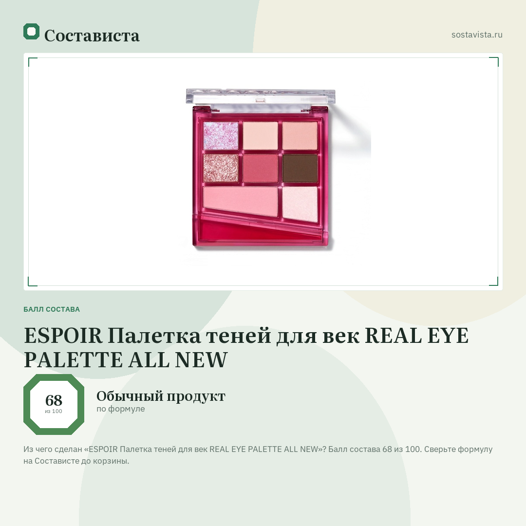 ESPOIR Палетка теней для век REAL EYE PALETTE ALL NEW: балл состава 68 из 100 — Состависта