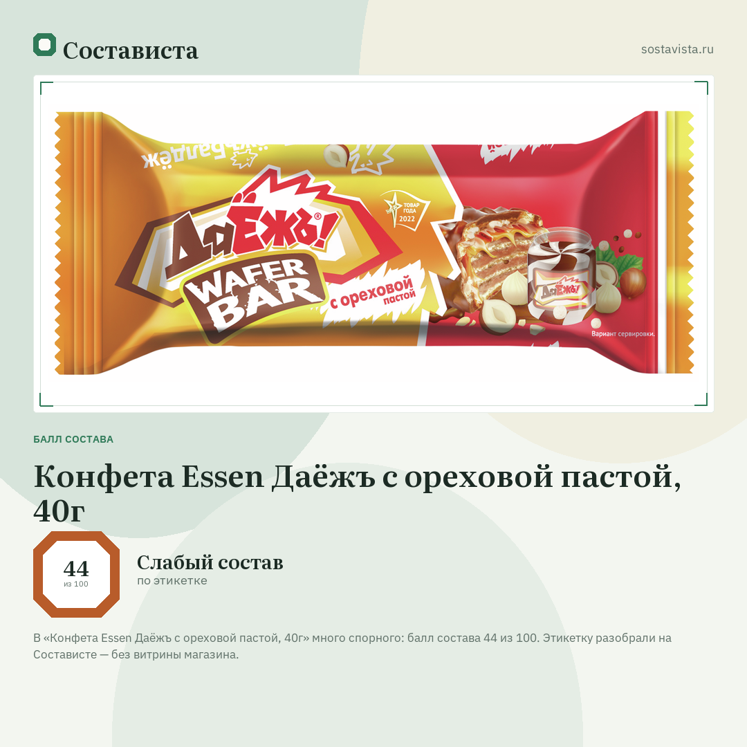 Конфета Essen Даёжъ с ореховой пастой, 40г: балл состава 44 из 100 — Состависта