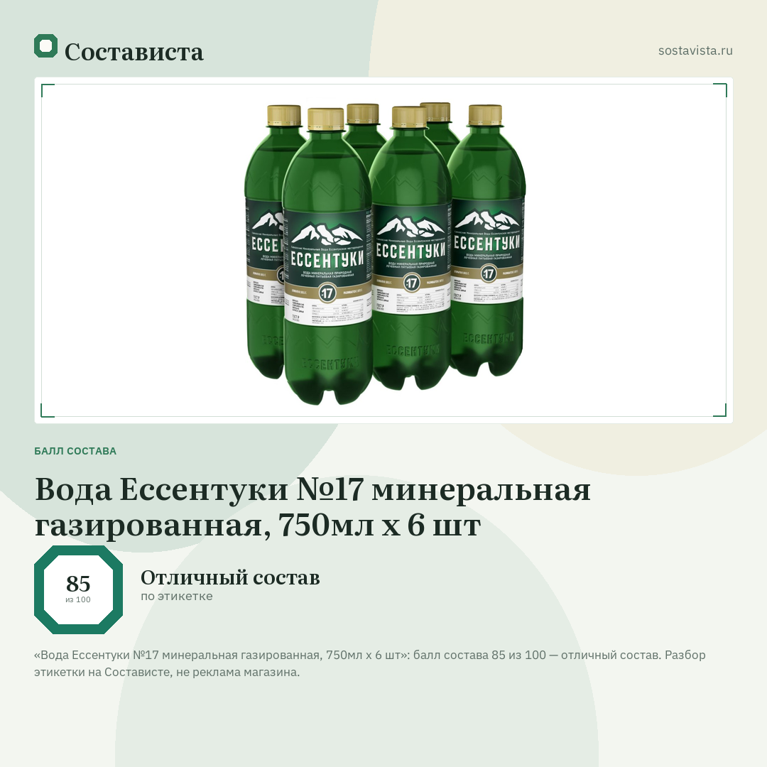 Вода Ессентуки №17 минеральная газированная, 750мл x 6 шт: балл состава 85 из 100 — Состависта