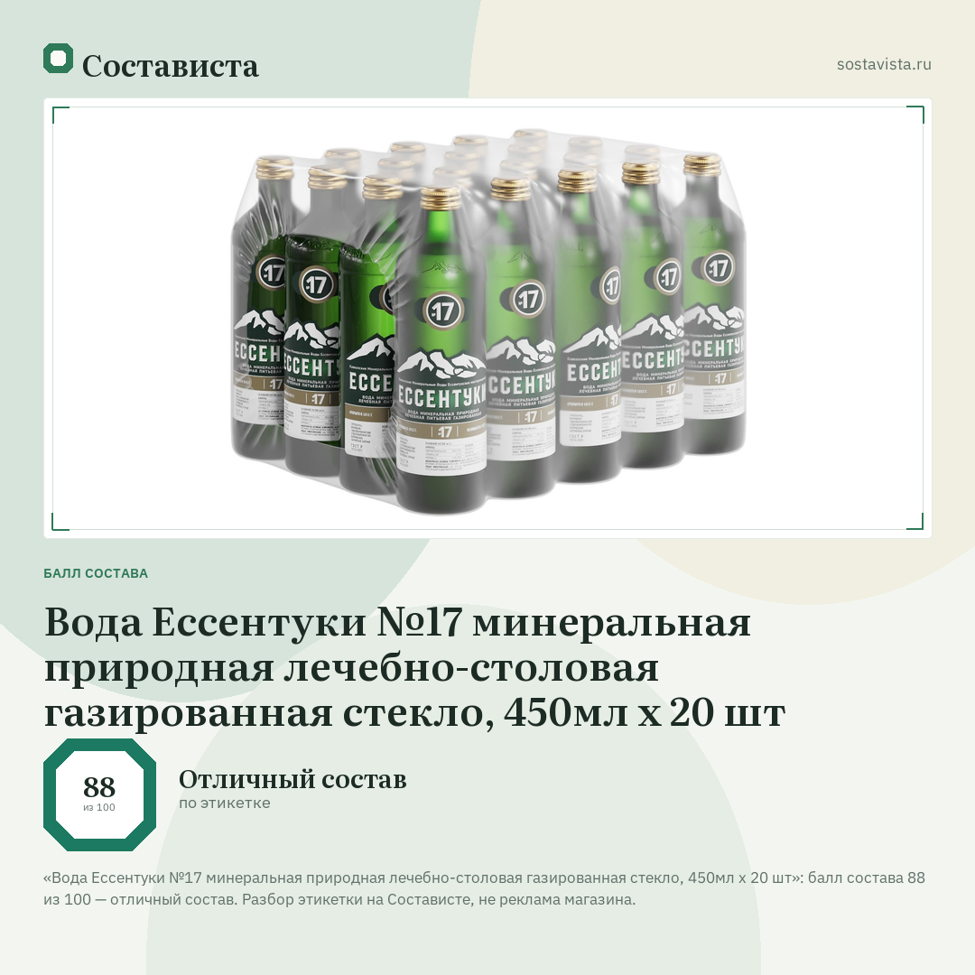 Вода Ессентуки №17 минеральная природная лечебно-столовая газированная стекло, 450мл x 20 шт: балл состава 88 из 100 — Состависта
