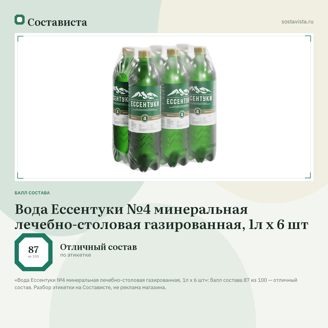 Вода Ессентуки №4 минеральная лечебно-столовая газированная, 1л x 6 шт: балл состава 87 из 100 — Состависта