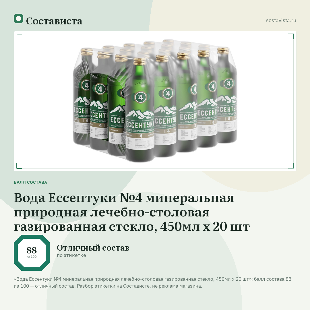 Вода Ессентуки №4 минеральная природная лечебно-столовая газированная стекло, 450мл x 20 шт: балл состава 88 из 100 — Состависта