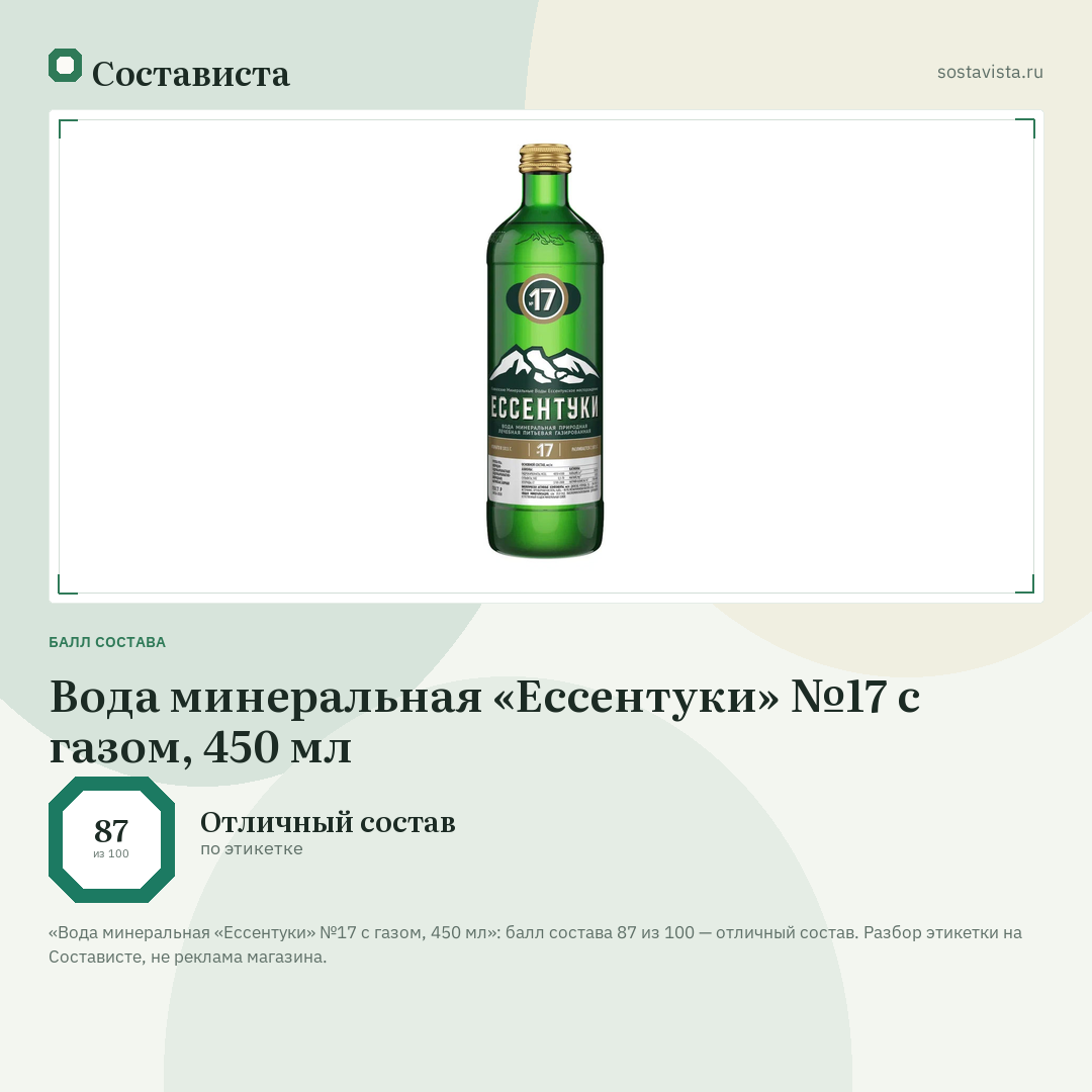 Вода минеральная «Ессентуки» №17 с газом, 450 мл: балл состава 87 из 100 — Состависта