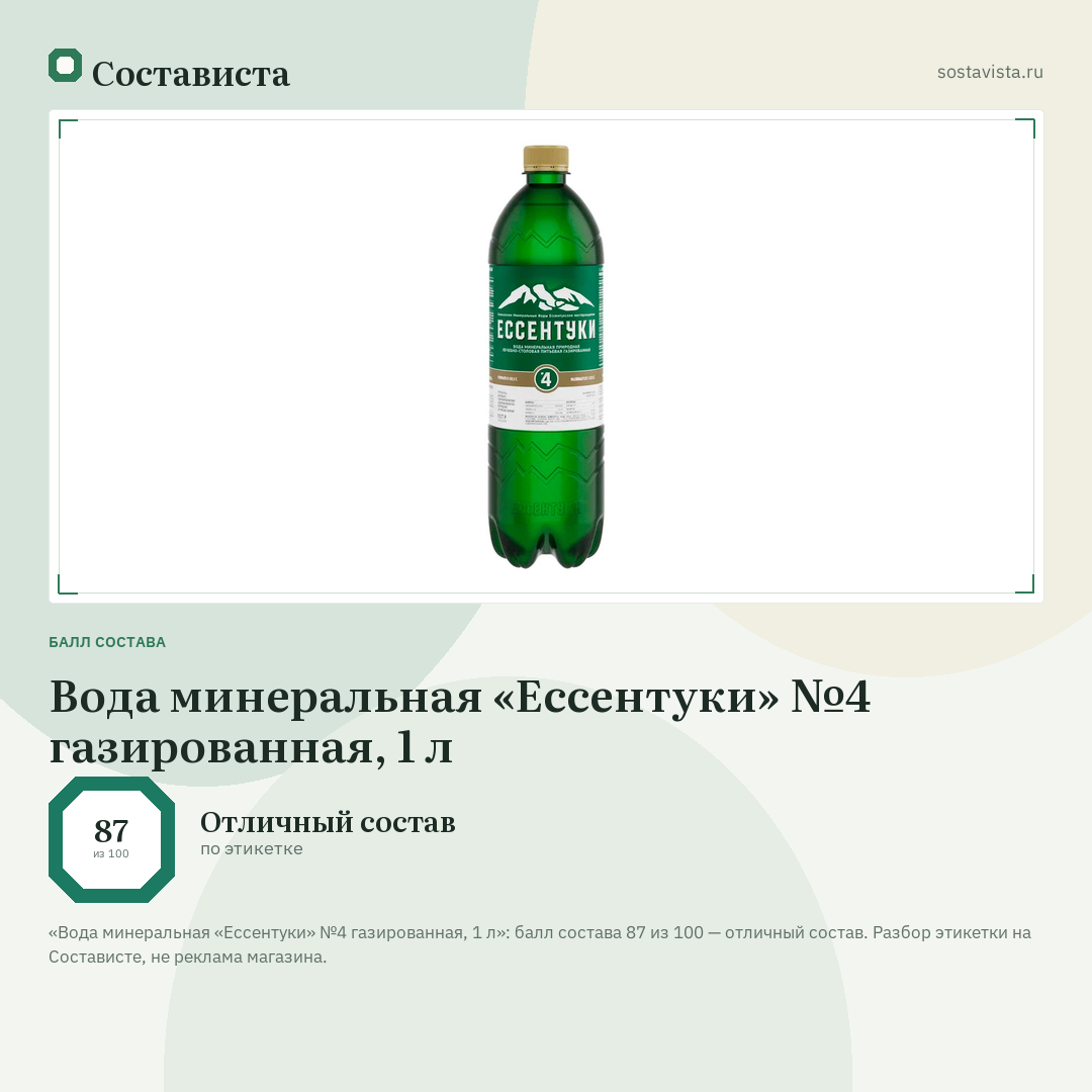 Вода минеральная «Ессентуки» №4 газированная, 1 л: балл состава 87 из 100 — Состависта