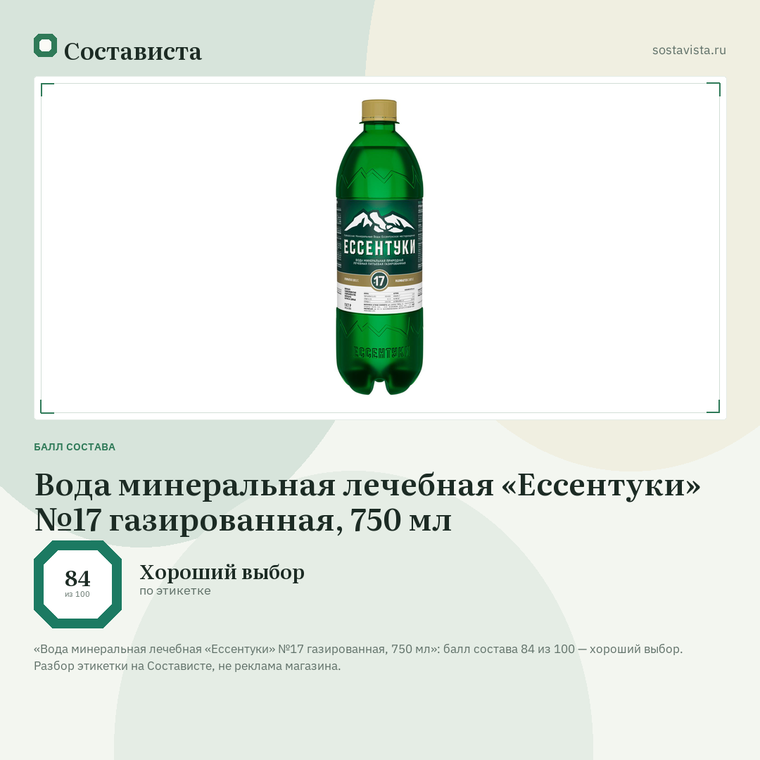 Вода минеральная лечебная «Ессентуки» №17 газированная, 750 мл: балл состава 84 из 100 — Состависта