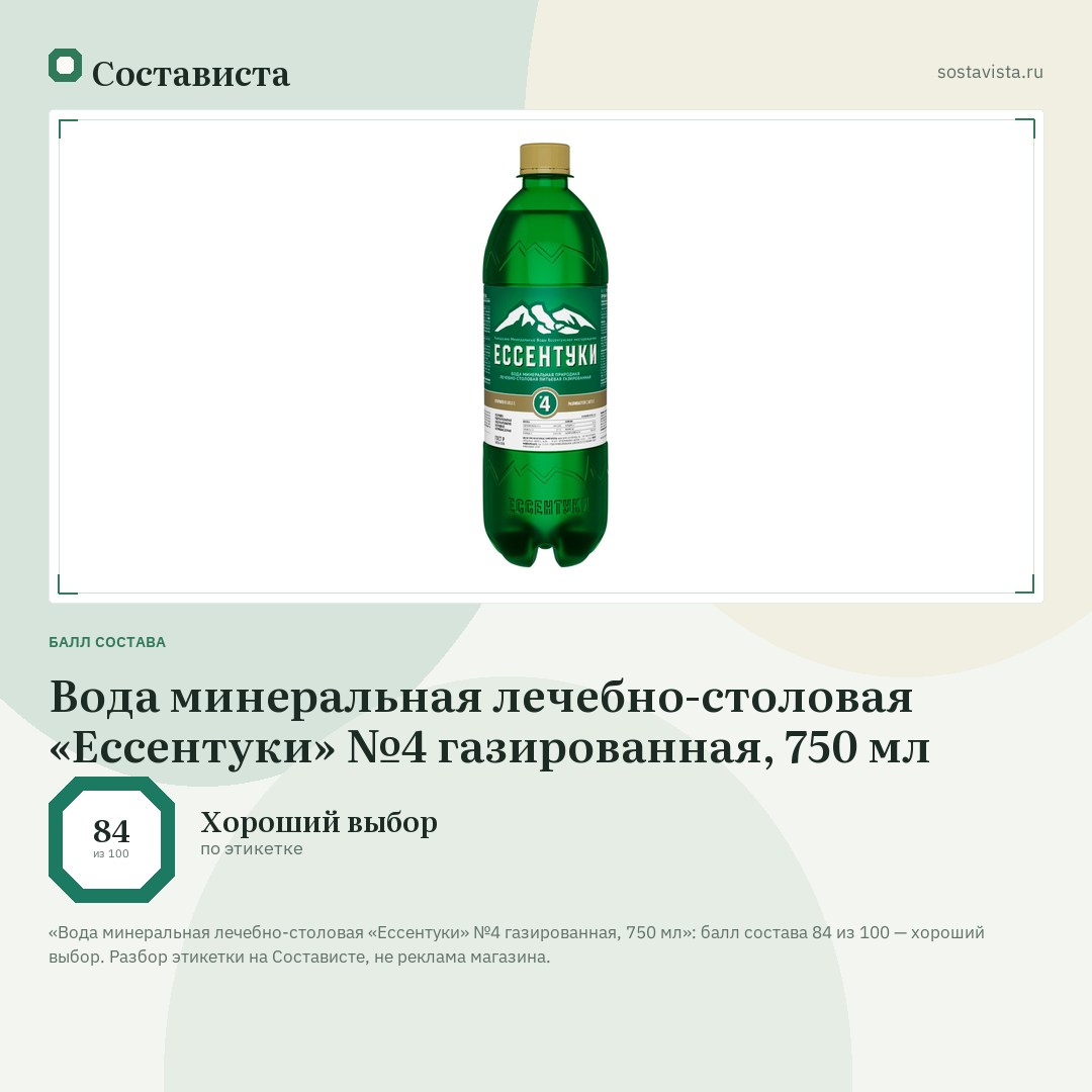 Вода минеральная лечебно-столовая «Ессентуки» №4 газированная, 750 мл: балл состава 84 из 100 — Состависта