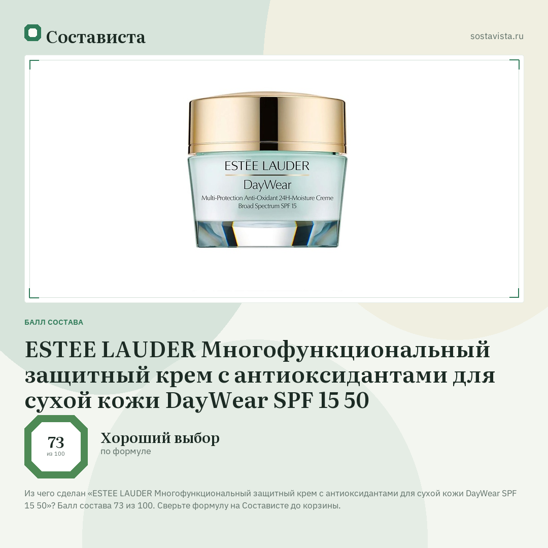 ESTEE LAUDER Многофункциональный защитный крем c антиоксидантами для сухой кожи DayWear SPF 15 50: балл состава 73 из 100 — Состависта